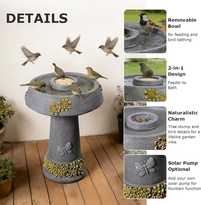 Bird Baths for Outdoors,23.6''H Outdoor Water Fountain Bird Bath & Feeder – Removable Feeding Bowl, Stone-Like Resin with Butterfly & Succulent Decor for Garden Yard Patio Porch Lawn Backyard
