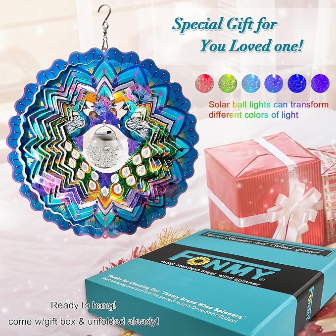 FONMY Solar Wind Spinner Mandala Peacock Christmas Decoration Worth Gift 3D Stainless Steel Hanging Wind Spinners Indoor/Outdoor Garden Décor Kinetic Yard Art 12 Inches Multi Blue Wind Sculpture