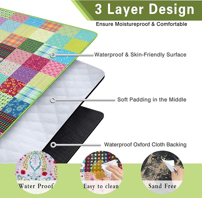 Supfitness Extra Large Picnic Blankets Waterproof Foldable (80"x 80") Boho Beach Blanket Waterproof Sandproof,3-Layer Thicking Mat Outdoor Packable Camping Blanket