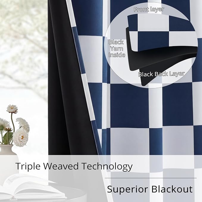 100% Blackout Checkered Curtains – 2 Panels, Each W52×L84, Thermal Insulated, Nosie Reducing for Bedroom (Navy and White Checkered, W52×L63)