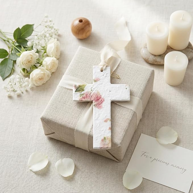 Plantable Memorial Gift Tags with Wildflower Seeds – 24 Pack Pink Cross-Shaped Writable Gift Wrap Tags for Funeral Favors, Sympathy Gifts & Celebration of Life Keepsakes