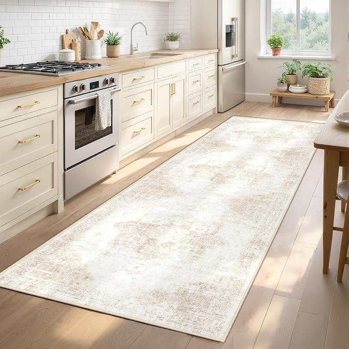 Runner Rug 2x8 Washable Rug, Vintage Boho Medallion Hallway Runner Non-Slip Soft Low Pile Distressed Floor Carpet Retro Doormat for Kitchen Bedroom Laundry Entryway Bathroom (Beige, 2'x8')