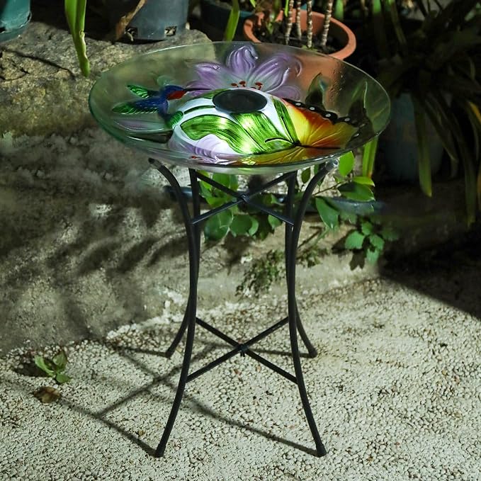 MUMTOP Glass Bird Baths for Outside, 16 Inch Width Outdoor Garden Hummingbird Butterfly Bird Bath Bowl with Solar Light and Metal Stand, Large Glass Birdbath Bird Feeder for Yard Decor, 20 Inch Height
