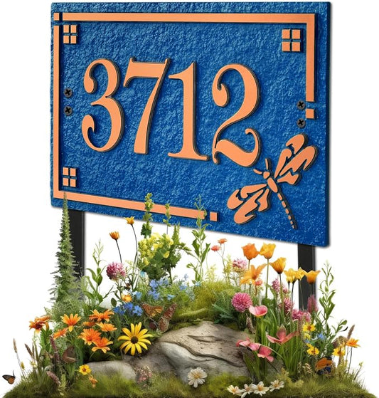 House Address Sign Address Plaque for Outside Custom Street Name Address Sign House Number with Lawn Stake (Blue/Copper)