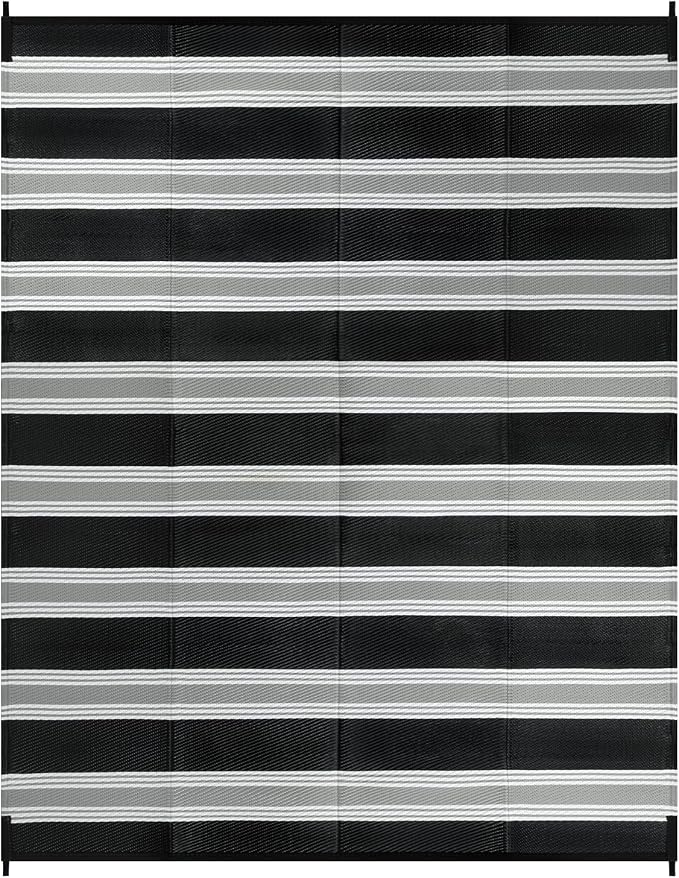 Lahome Striped Outdoor Rug 8x10 Patio Waterproof, Reversible Outdoor Plastic Straw Rug for Camping, RV Patio Rugs Outside Large Carpet for Porch Deck Backyard Picnic(Black/Grey,8'x 10')