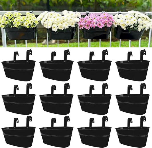 LaLaGreen Outdoor Plants Rail Planter (11.2 Inch, 12 Pack) Black Metal Iron Hanging Flower Pots Deck Railings Fence Buckets Modern Boho Style Wall Mount Window Box Plant Holder Hooks Porch Home Decor