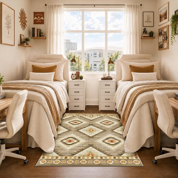 4'x6' Washable Area Rug for Living Room Bedroom Cream/Camel | Soft Western No Slip Low Pile Print Foldable Indoor for Kitchen Dining Room