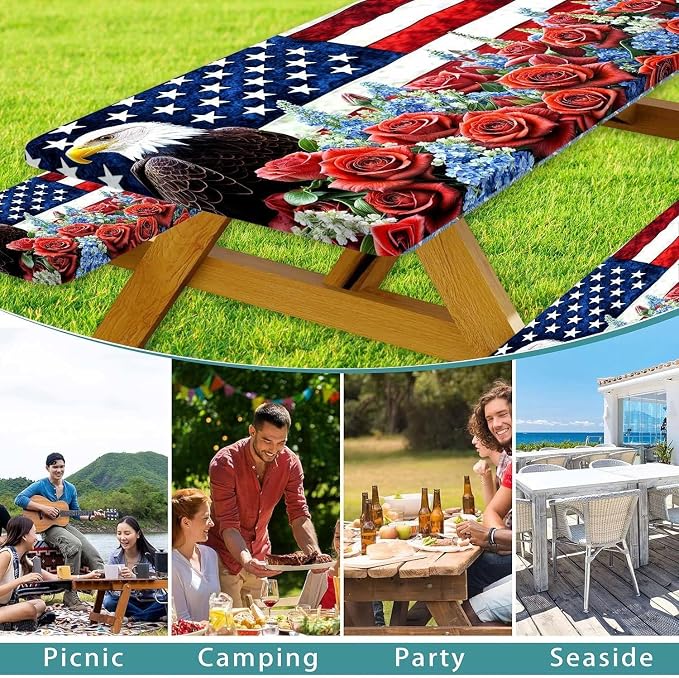 Picnic Table Cover with Bench Covers and Bag, American Flag Eagle Summer Camping Essentials Outdoor Table Covers with Elastic Picnic Waterproof Fitted Tablecloth for RV Picnic Travel 3pcs 60inch