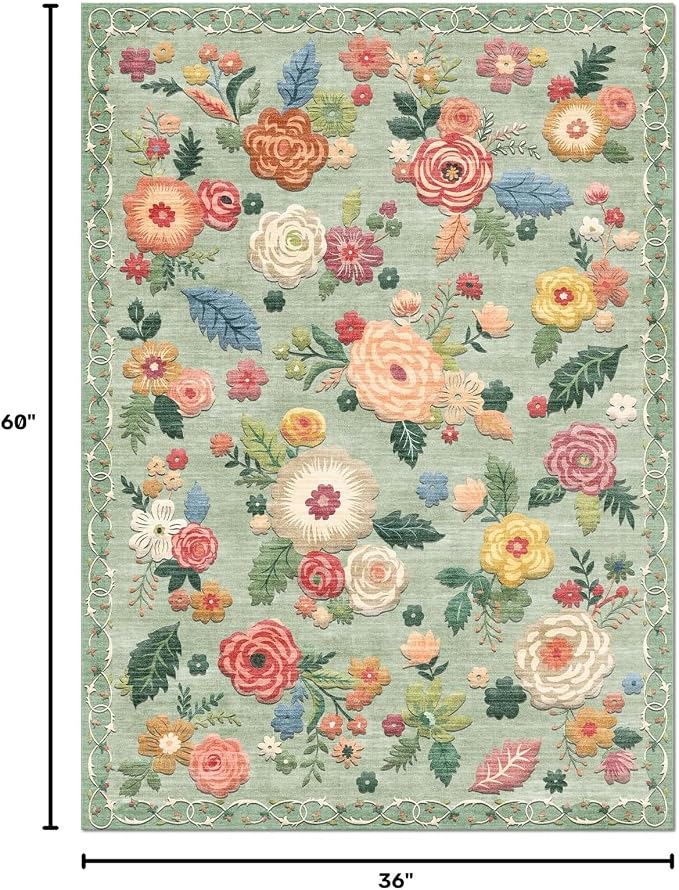 3x5 Bedroom Area Rug Washable: Throw Rugs for Entryway Floral Green Rug Non Slip Low Pile Faux Wool Non Shedding Small Carpet for Living Room Kitchen Bedside Office Dorm Kids Room Entrance Entry