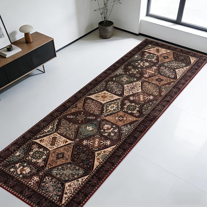Moroccan Vintage Distressed Boho Geometric Brown 2.7x10 Runner Rug | Patchwork Washable Non Slip Throw Floor Long Carpet Runner for Hallway Entryway Kitchen Bathroom Bedroom Livingroom Rug