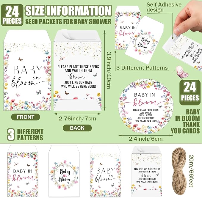 Reallnaive Baby Shower Party Favors Baby in Bloom Envelopes Seed Packets Include 24 Mini Terracotta Pots Seed Packets 24 Self Adhesive Envelopes Thank You Tags Gifts for Party(Wildflower)