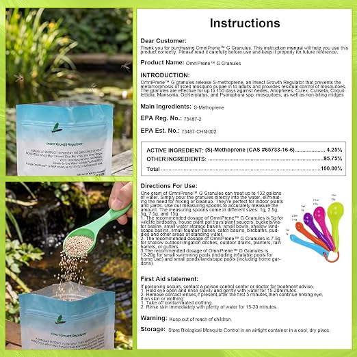 Mosquito Larvae Pouches Dissolves in Water with Measuring Spoon Treats Up to 46200 Gallon 4.25% S-Methoprene IGR Biological Control Won't Harm Fish Bird EPA Certified Rain Bath Pool 350g