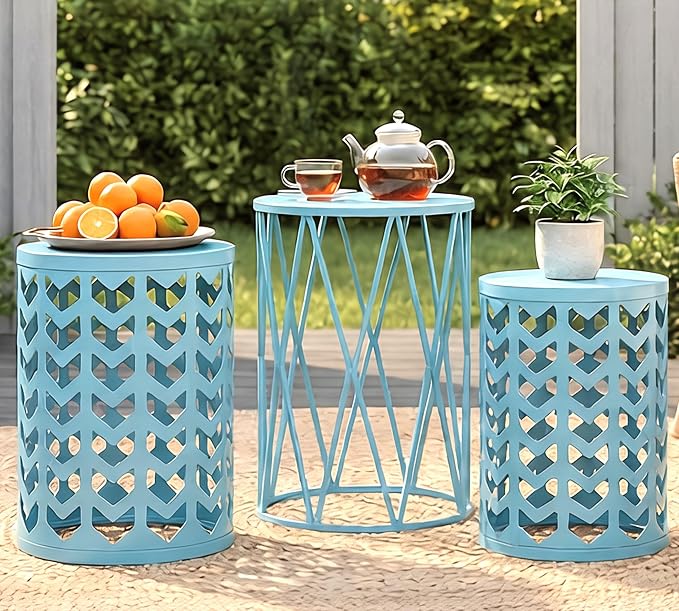 Y&M Set of 3 Stacking Coffee Table for Living Room, Patio Side Table,Indoor End Tables for Bedroom, Outdoor Decorative Garden Stool with Heavy Duty Metal Frame Modern Industrial Decor - Light Blue