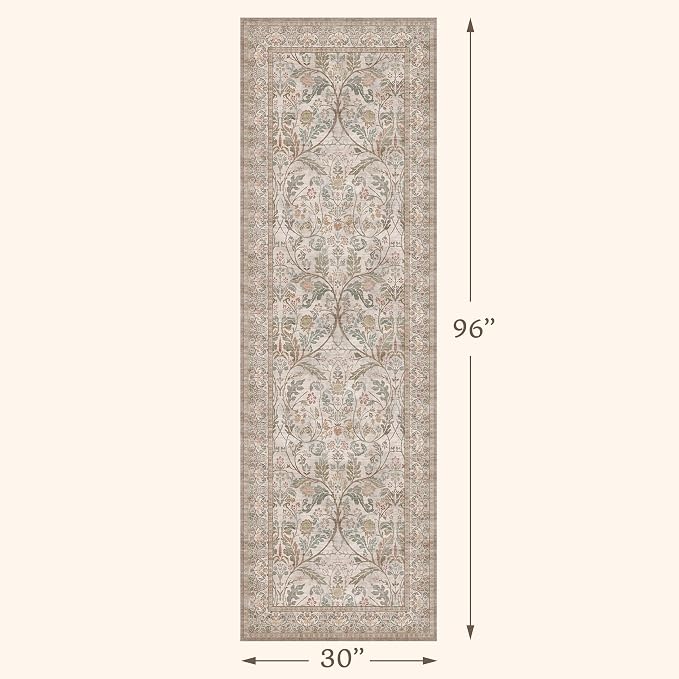 Vintage Moss Green 2‘6“x8’ Kitchen Runner Rug Non Slip - Washable Long Hallway Rug, Thin Neutral Taupe Traditional Decor Runner for Laundry Room, Bathroom, Entrance