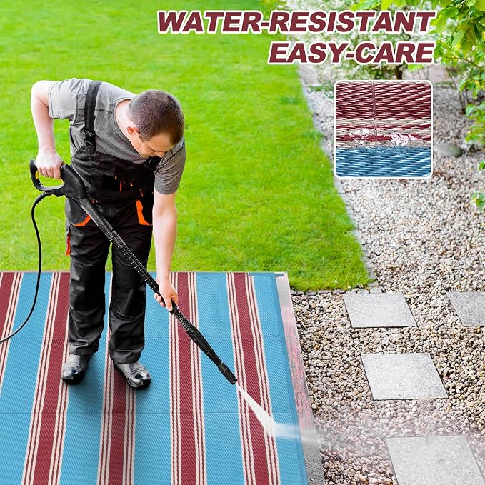 Lahome Striped Waterproof Outdoor Rug 8x10 Patio, Reversible Patriotic Outdoor Camping Rug Plastic Straw, RV Patio Rugs Carpet for Patriotic Decor Porch Deck Backyard(Blue/Red,8'x 10')