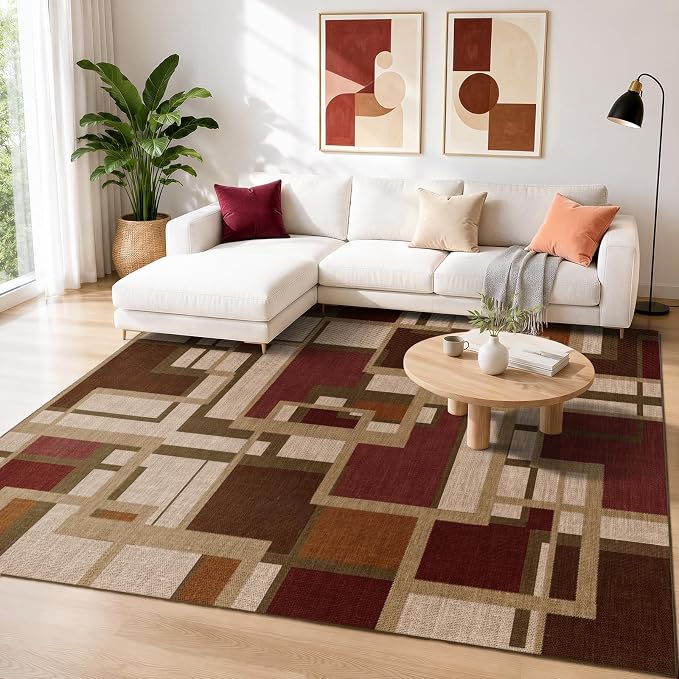 Modern Geometric Area Rug for Living Room, Red Brown Washable Rugs 5x7 | Contemporary Patchwork Blocks Non-Slip Indoor Carpet for Bedroom Dining Room Office | Abstract Soft Low-Pile Floor Rug
