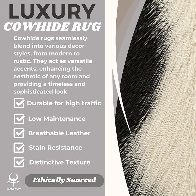 rodeo Genuine Cowhide Rug - Real Cow Hide Rug Large for Living Room & Bedroom - Western Rugs for a Natural Western Home Decor Ambiance - Rustic Cow Print Carpet Decor - 6x8 ft, Black and White