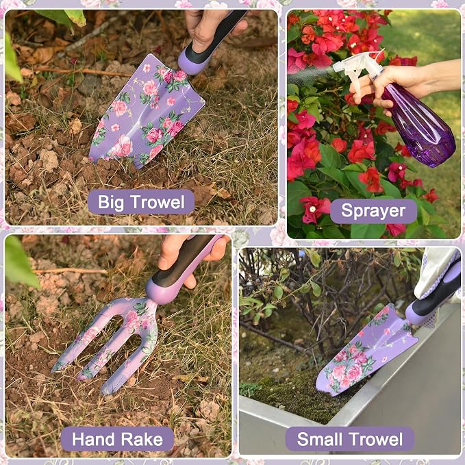 Gardening Tools, WisaKey 10 Piece Heavy Duty Purple Garden Tool Set Durable Garden Supplies Organizer Bag Garden Hand Tools Grandmother Granny for Woman Mothers