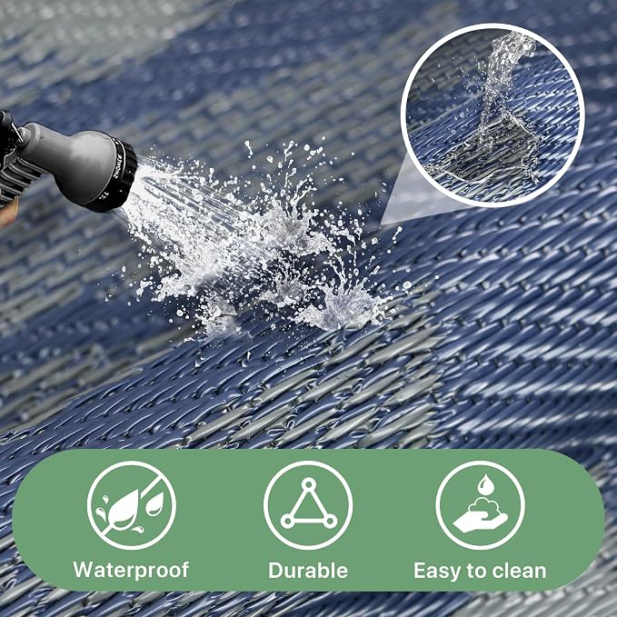 GENIMO Waterproof Outdoor Rug 6' x 9' for Patio Decor, Reversible Plastic Straw Area Rugs for Camping Clearance, RV Mat, Large Outside Carpet for Porch, Deck, Picni, Balcony, Garden, Navy Blue & Grey