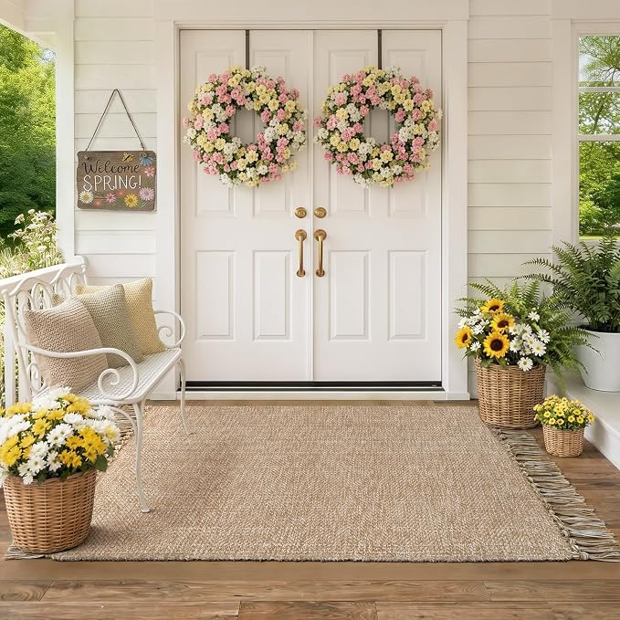 3' x 5' Woven Indoor Outdoor Porch Rug, Farmhouse Entryway Rugs | Modern Boho Reversible Front Door Mat, Tan/Cream Braided Washable Kitchen Rugs for Patio, Bedside, Bathroom, Nursery Decor