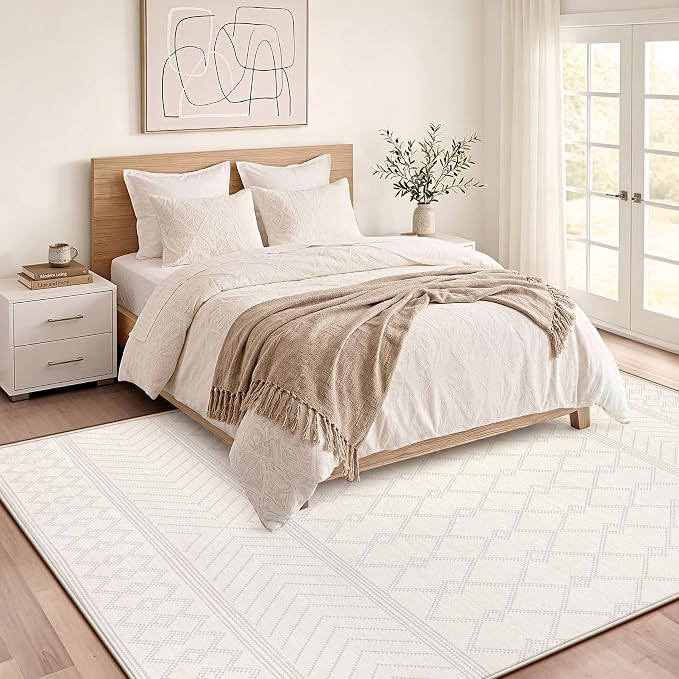 pmtsns Area Rugs 6x9 Washable Rug for Living Room(Beige, 6'x9') | Modern Geometric Moroccan Rugs Non-Slip Soft Stain Resistant Rug Indoor Printed Carpet for Bedroom Dining Room Nursery