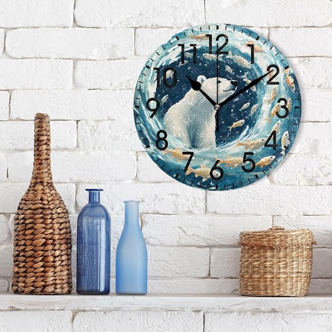 ALAZA Home Decor Polar Bear Fish Round Acrylic 9.84 Inch Wall Clock Non Ticking Silent Clock Art for Living Room Kitchen Bedroom