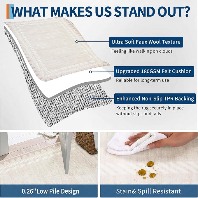 GarveeHome Extra Large Area Rug 10x13 Washable Rug Non Slip Stain-Resistant, Modern Geometric Border Carpet, Non Shedding Low Pile Floor Covering, Soft Neutral Mat for Open Spaces Offices, Cream