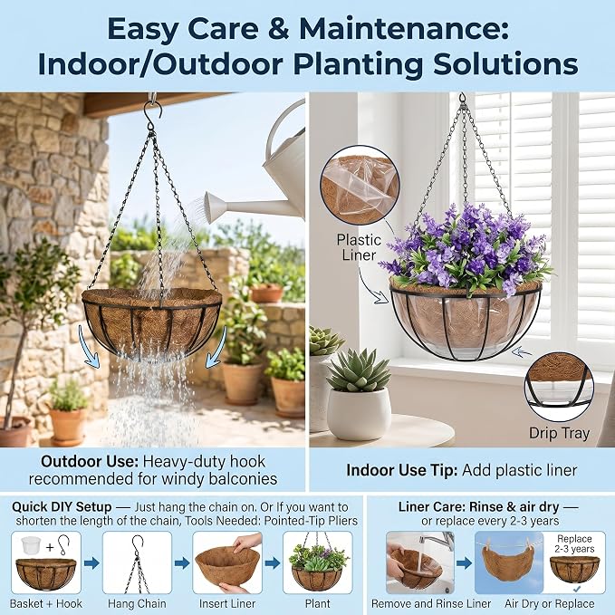 Kingbuy 8" Metal Hanging Basket for Small Succulents & Herbs – 5" Depth Rust-Resistant Wire with Coconut Liner & Chain for Kitchen Window, Balcony & Small Spaces - 2 Pack