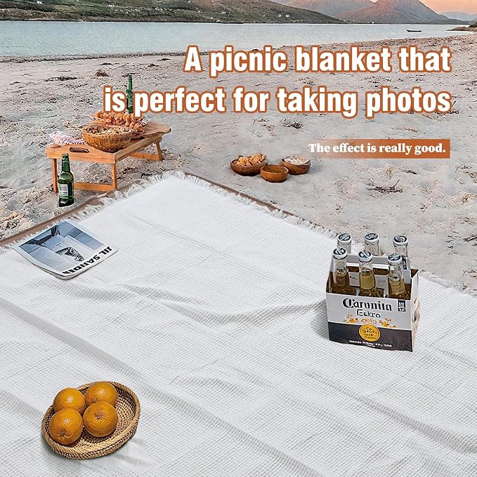 stylish white picnic blanket waterproof and sandproof,all-weather 2-in-1 dual-layer beach blanket for families, outdoor adventures and pets (Grid pattern)