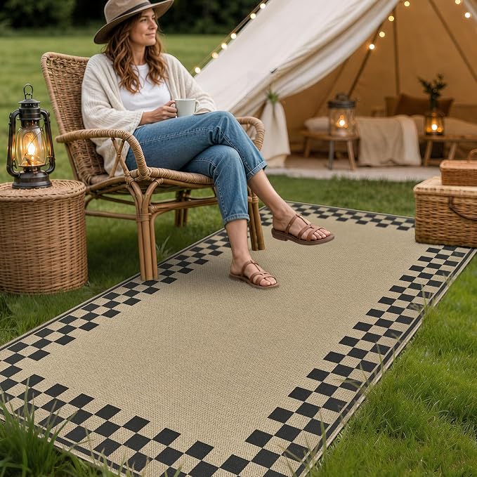 UERMEI 3x5 Outdoor Jute Area Rug Patio Farmhouse Checkered Brown | Indoor Outdoor Washable Non Slip Pet Friendly Carpet for Door Mat Area Rug for Patio Bedroom Living Room Kitchen Porch