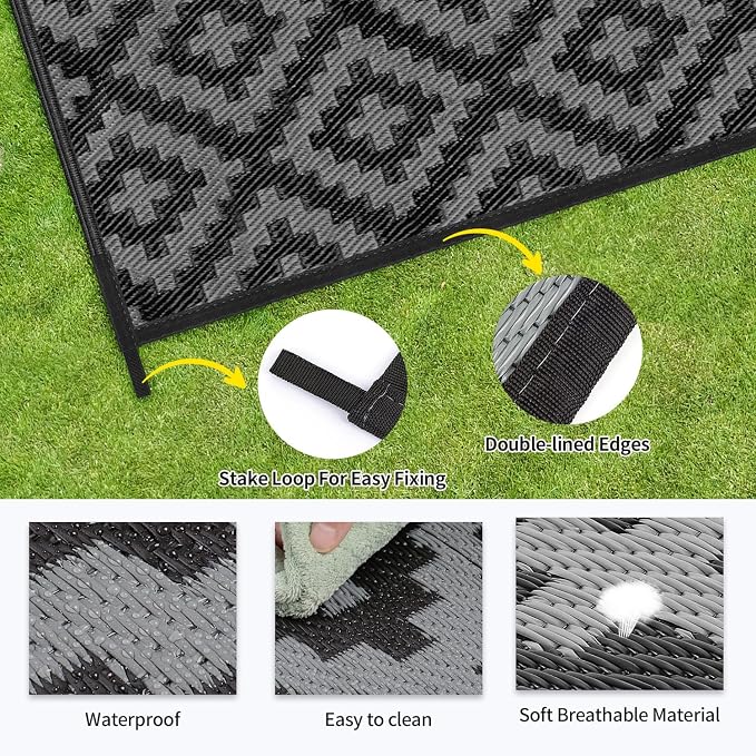 Outdoor Patio Plastic Straw Rug - 9x12 ft Outdoor Camping Rug Waterproof Reversible, Area Carpet Patios RV, Outside Porch Balcony Deck for Camper, Black & Grey
