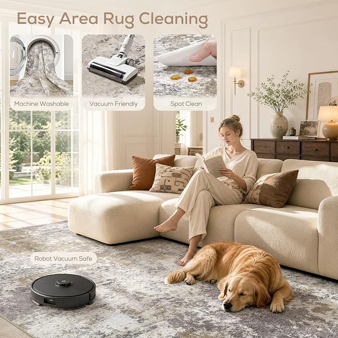 Nakagishi 9X12 Abstract Washable Area Rugs for Living Room-Brown Grey | Modern Non-Slip Silicone Backing Low Pile Soft Carpet for Bedroom Dining Decor for Families with Kids and Pets