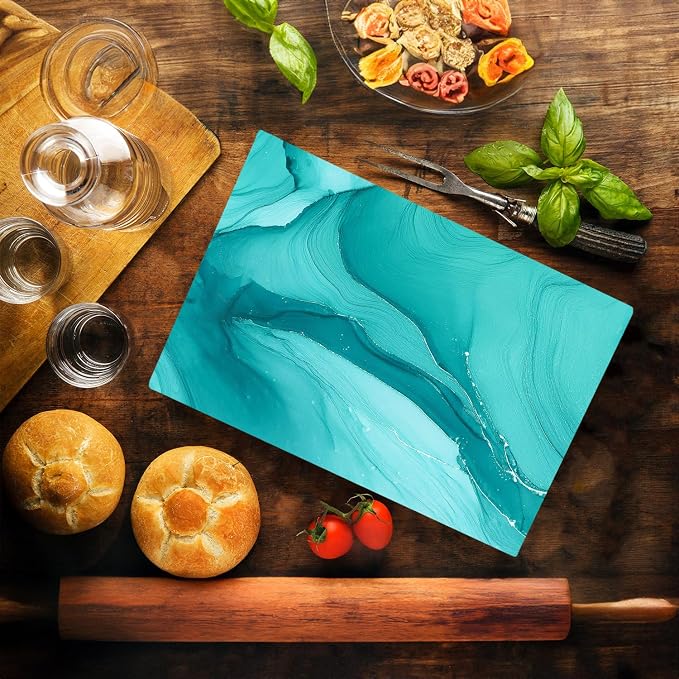 Aqua Blue Marble Kitchen Glass Cutting Board Ocean Decorative Gift Marbled Granite Stone Rock Gift For Her Mom Wife (Aqua Marble)