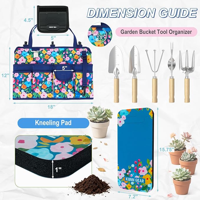KUNN 5 Gallon Garden Bucket Tool Organizer & Kneeling Pad Set, 18-Pocket Heavy Duty Garden Caddy with Hangable Handle, Polyester Tool Bag with Grip Handle & Gardening Kneeling Pad for Women, Blue