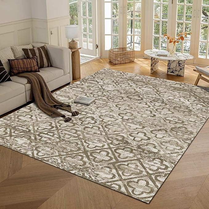 Washable Area Rugs, 9' x 12' - 1/6 Thick - Stain & Water Resistant Non-Slip - Perfect Resistant Rug for Living Room, Bedroom, Nursery, Pet & Child Friendly, Vibrant Colors Rugs, Brown
