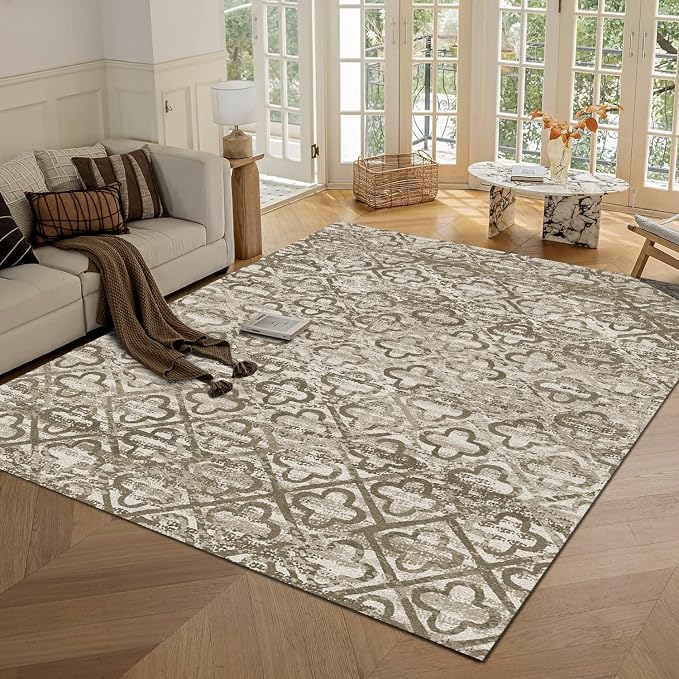 Washable Area Rugs, 4' x 6' - 1/6 Thick - Stain & Water Resistant Non-Slip - Perfect Resistant Rug for Living Room, Bedroom, Nursery, Pet & Child Friendly, Vibrant Colors Rugs, Brown
