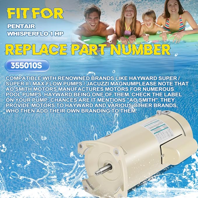 355010S Pool Pump Motor 1HP Fit for Pentair Whisperflo 3450 RPM 1 Speed | 115/208-230 V, Energy Efficiency, Swimming Pool Motor