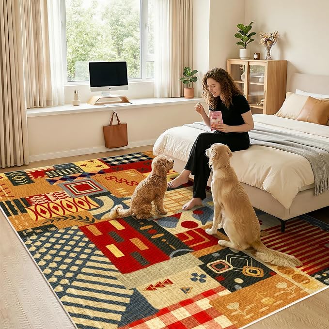 Washable 4x6 Patchwork Area Rug, Boho Tribal Geometric Colorful Rug | Non-Slip Low Pile Indoor Carpet| Vintage Rustic Rug for Dining Room Bedroom Office Entryway Decor| Southwestern Rustic Rug
