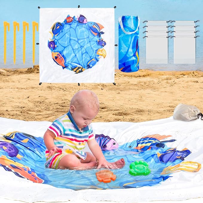 6.6 X 6.6 Ft Baby Beach Pool, 2 in 1 Portable Kids Beach Play Pool Puddle Toddler Beach Blanket and Kiddie Pools Blue Cartoon Childs Sand Pit Paddling Pools with Water Bag for Boy Girl Outdoor Camping