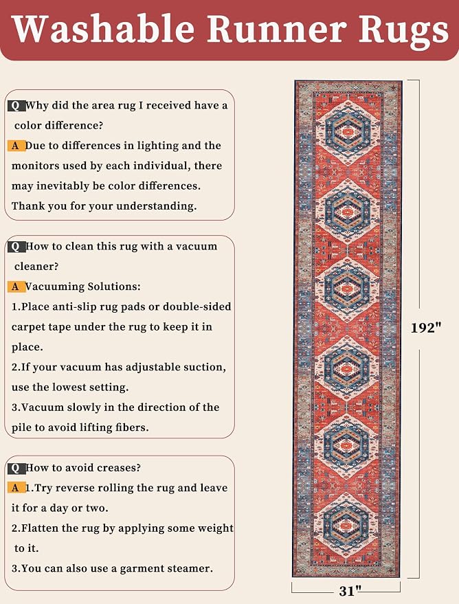 SERISSA 2'6"x16' Washable Non Slip Boho Runner Rug for Hallway，Rust | Ultra Soft Vintage Oriental Carpet Low-Pile Extra Long Tribal Floor Carpet for Kitchen Bedroom Entryway Bathroom Laundry Room