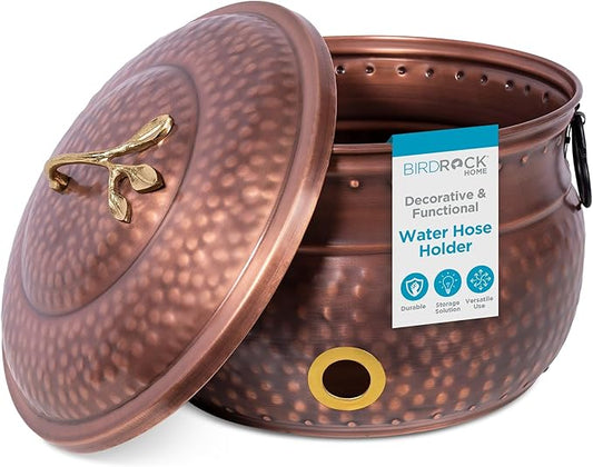 BIRDROCK HOME Water Hose Holder with Lid | Ground Garden Hose Pot | Decorative | Handle | Embossed | Steel Metal with Copper Accents - Outdoor or Indoor Use