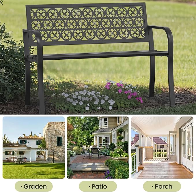 Outdoor Bench with Clover Back, Heavy-Duty Metal Frame Graden Bench, Weatherproof Patio Park Bench for Front Porch, Park, Yard, Patio