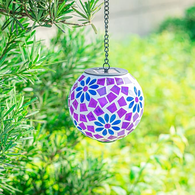 Mosaic Solar Lantern Outdoor Waterproof Glass Hanging Solar Lights, Purple | Solar Hanging Lantern IP44 Waterproof Mosaic Gazing Ball with White LED Lights, Metal Hanging Chain, Outdoor Pathway Decor