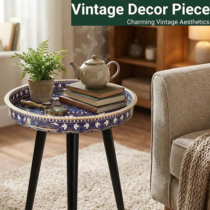Gesodant Plastics Tray with Detachable Three Wooden 17.7 Inch Legs, Versatile Side Table with Tray Design, Perfect for Coffee, Tea, and Relaxation Time- Bohemian-Style (Purple Blue Flowers)