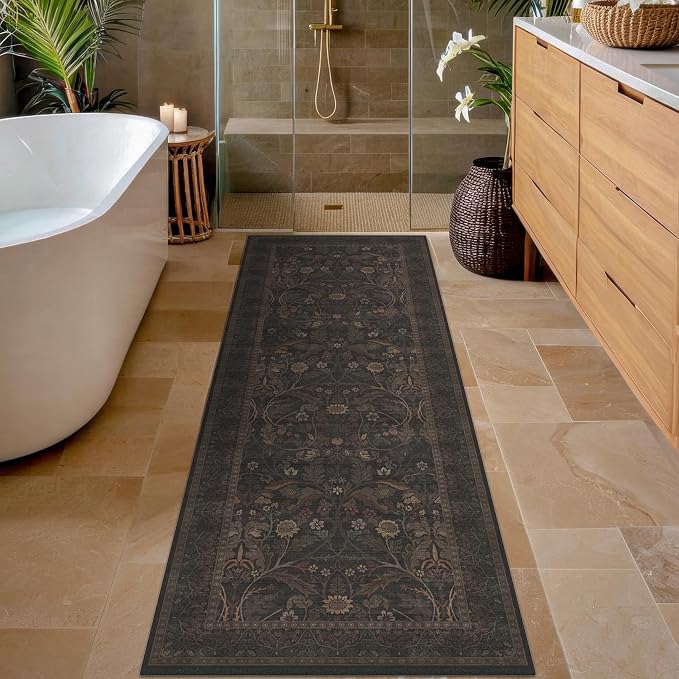 Washable 2x6 Kitchen Runner Rugs Non Slip - Dark Brown Hallway Runner Rug, Farmhouse Non Slip Floral Botanical Bathroom Mats, Southwestern Cabin Bedroom, Hall Way Low Pile Carpet