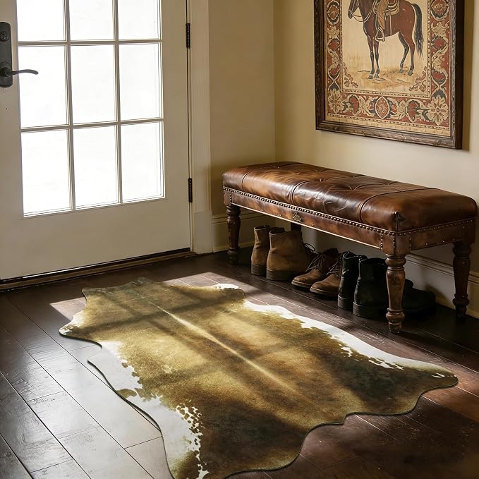 Washable Non Slip Faux Cowhide Rug 2x3 Brindle and White, Small Indoor Front Door Entryway Mat, Western Rustic Cottagecore Decor Animal Print Throw Layering Rug for Dorm Room