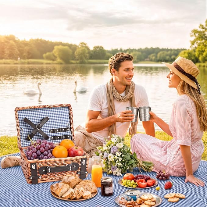 Picnic Basket Set for 2, Wicker Picnic Baskets with Waterproof Blanket and Cutlery Service Kit, Willow Hamper for Camping, Outdoors, Valentine's Day, Christmas, Birthday, Wedding Gift