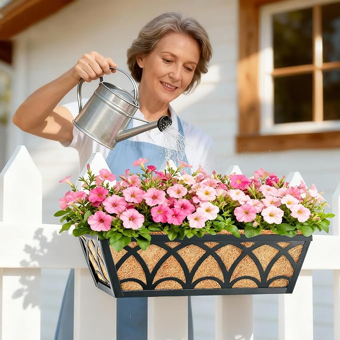 16 Inch Railing Planter Box Window Boxes Planters - 4 Pack Deck Railing Planter Boxes with Adjustable Brackets Coco Liners Balcony Planters Railing Hanging for Window Flower Boxes Outdoor Garden Decor