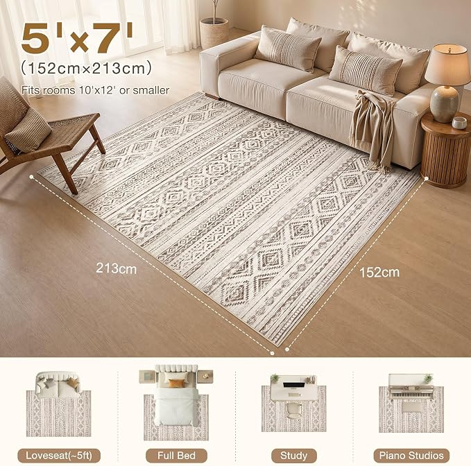 cotiled Boho 5x7 Area Rugs for Living Room: Soft Moroccan Washable Rug | Solve Modern Neutral Trendy Home Decor - Stain Resistan Indoor Carpet for Bedroom Dining Room Dark Brown