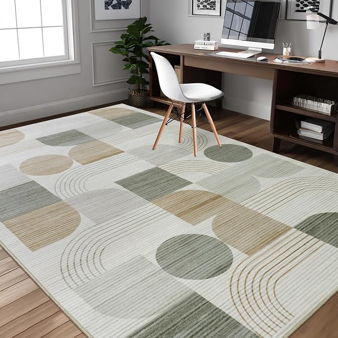 Soft Modern Geometric Abstract Large Machine Washable 10x14 Area Rug | Beige Rugs for Bedroom Living Room, Non-Shedding Faux Wool Indoor Throw Floor Carpet for Office Entryway Dining Room Decor